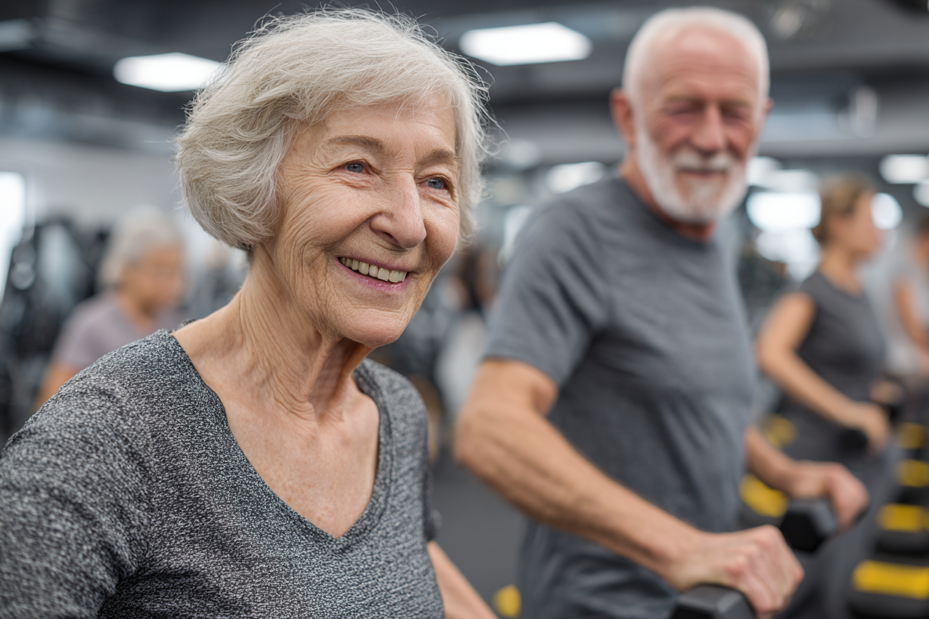 Щастливи възрастни хора при упражнения